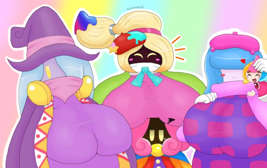 2018 5girls abstract_background absurd_res annoyed anthro beret blonde_hair blue_hair blush_stickers breasts breasts_on_head busty claycia closed_eyes covered_mouth drawcia elline female_only half-closed_eyes hat huge_breasts hugging kirby_(series) multicolored_hair multiple_girls nintendo paintra pink_hair ponytail scarf touhoufan vividria witch_hat yellow_eyes