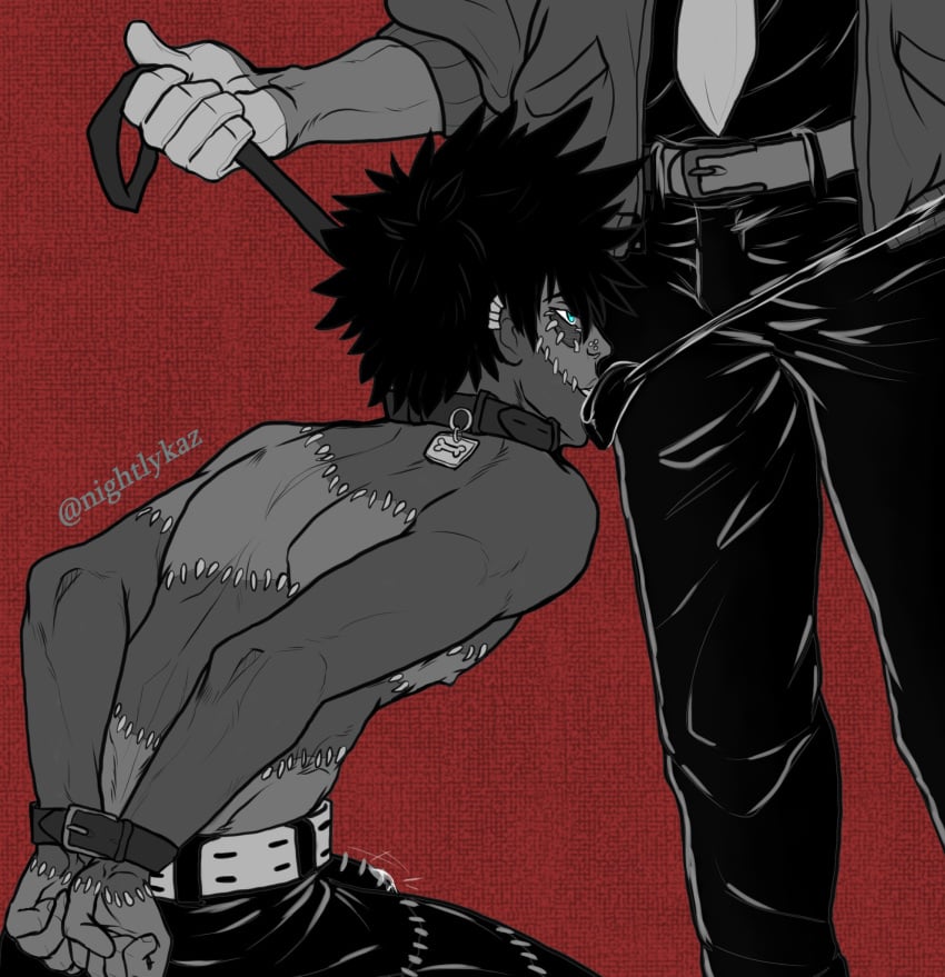 2boys bare_back belt black_hair blue_eyes burn_scar chisaki_kai clothed clothing collar dabi dog_collar domination gay gay_domination hands_behind_back hands_tied kai_chisaki kneeling leash leash_and_collar leash_pull limited_palette male male/male male_domination malesub my_hero_academia nightlykaz overhaul pants piercing riding_crop scar scars shirtless stitches tied tied_hands todoroki_touya touya_todoroki yaoi