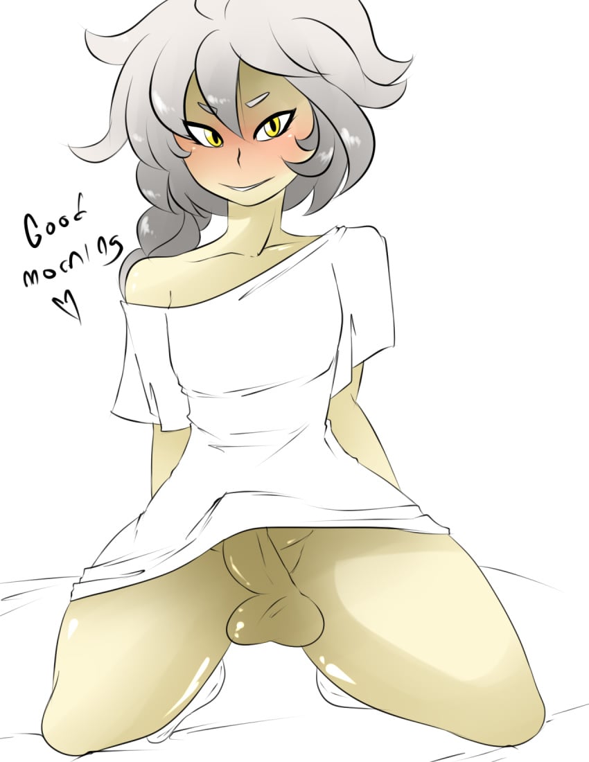 1boy 2019 balls blush exposed_shoulders eyeliner femboy grey_hair highres indivisible inuyuru looking_at_viewer male male_only ombre_hair on_knees oversized_shirt penis ren_(indivisible) smile solo_male tagme white_background yellow_eyes