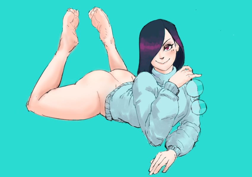 1girls ass biting_lip black_hair borrowed_character bottomless butt choti_(racymonchi) dark_purple_hair eyeshadow female goth hair_over_one_eye long_hair lying megane naughty_face pale_skin placensfw pose prone_bone racymonchi smile solo straight_hair sweater