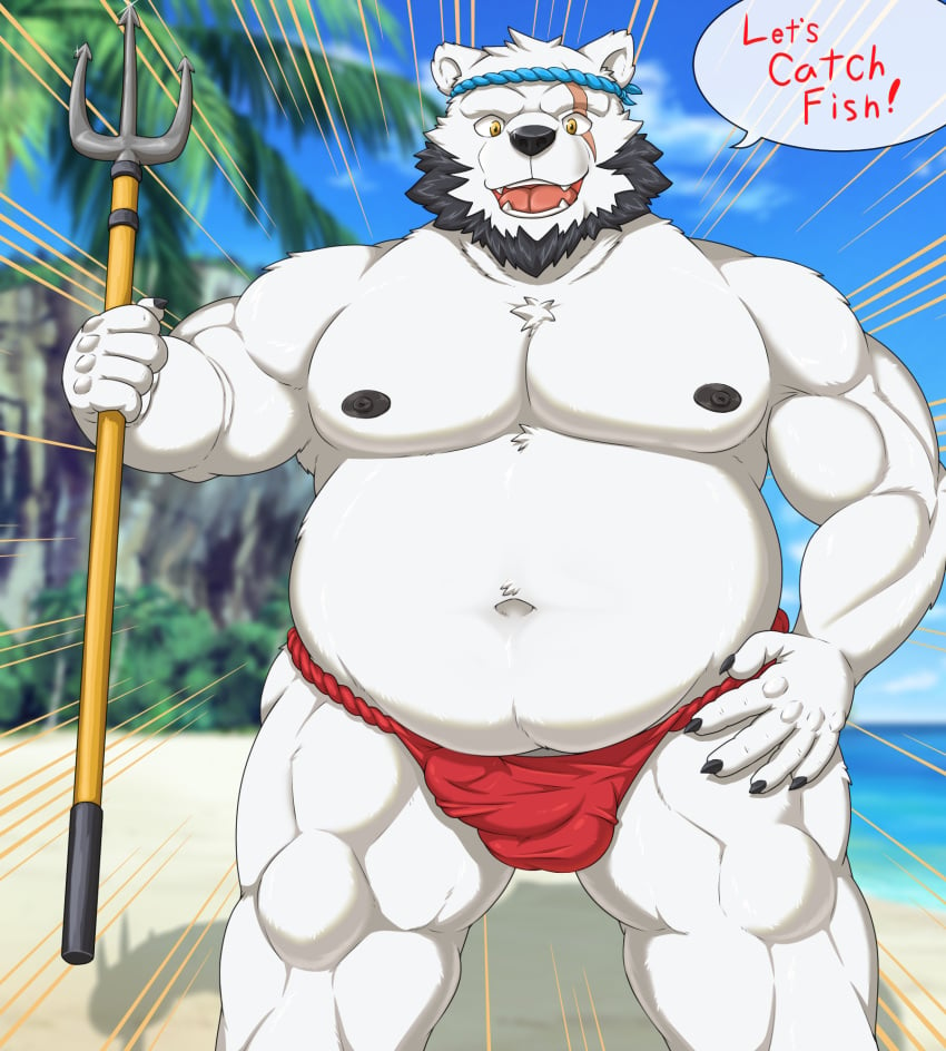 2020 anthro asian_clothing balls_outline beach belly bulge clothing east_asian_clothing english_text erection erection_under_clothing fundoshi fur gapao genital_outline hi_res humanoid_hands japanese_clothing male male_only mammal moobs navel nipples outside overweight overweight_male penis_outline polar_bear scar seaside solo text underwear ursid ursine white_body white_fur