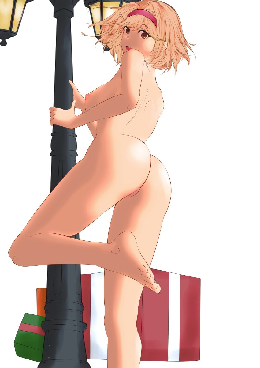 3_iq_tuna absurdres ass blonde_hair breasts brown_eyes christmas_present completely_nude djeeta_(granblue_fantasy) feet_out_of_frame gift granblue_fantasy highres lamppost large_breasts nipples nude pussy short_hair uncensored