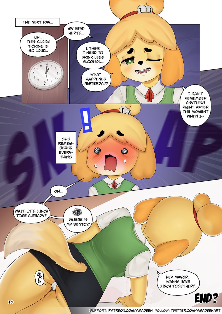 ! amadeen animal_crossing anthro blush bodily_fluids camel_toe canid canine canis clothing comic dialogue domestic_dog english_text female genital_fluids hi_res isabelle_(animal_crossing) mammal nintendo pussy_juice shih_tzu solo text toy_dog underwear url video_games