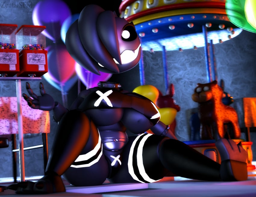 3d 3d_(artwork) balloon balloons black_body black_bra black_panties bra breasts carousel checkered_floor choke_collar choker collar female female_only five_nights_at_freddy's five_nights_at_freddy's_2 glowing glowing_clothes glowing_eyes glowing_mouth gumball_machine panties peek-a-boo peekaboo robot sfm shadow shadow_toy_chica source_filmmaker spiked_collar stockings table white_eyes zentaisfm