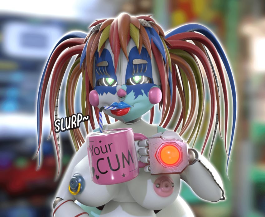 3d baby_(fnafsl) babydoll blender blue_eyeshadow blue_hair blue_lips blue_lipstick blue_nipples circus_baby circus_baby_(fnaf) cum_in_container drinking_cum drinking_straw five_nights_at_freddy's freddy_fazbear's_pizzeria_simulator green_eyes holding_cup holding_mug looking_at_viewer nipple_piercing nose_piercing orange_hair pierced_nipples pink_nipple pink_nipples pink_nose rckke red_lips red_lipstick scrap_baby scrap_baby_(fnaf) scrap_baby_(rckke) silver_hair slurp solo straw twintails yellow_hair