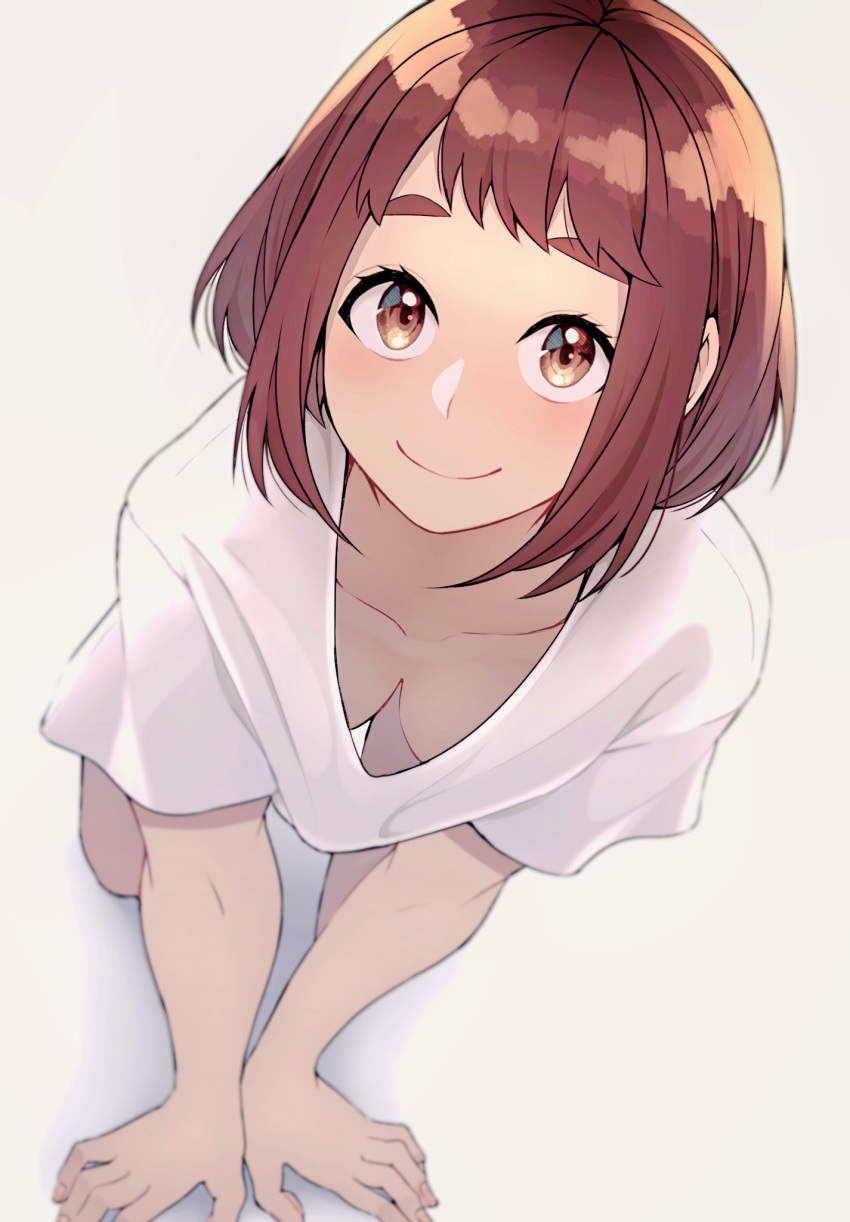 1girls all_fours breasts brown_eyes brown_hair cleavage crawling down_blouse female hi_res kobaji looking_at_viewer my_hero_academia no_bra ochako_uraraka pov shirt smile solo