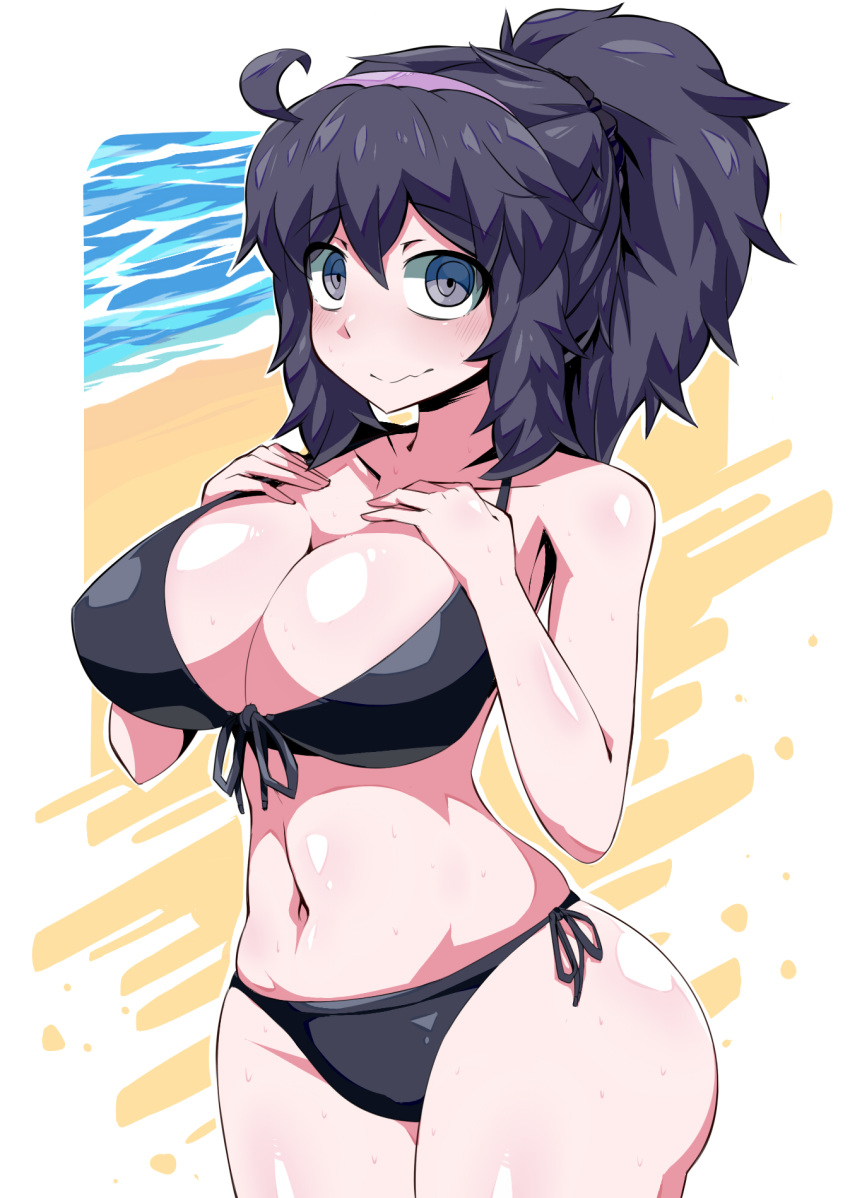 1girls 2019 armpits ass beach big_ass bikini black_bikini bow breast_suppress breasts cleavage closed_eyes eyebrows_visible_through_hair female female_only front-tie_bikini hair_ribbon hairband hand_on_chest hex_maniac highres human human_only large_breasts long_hair long_ponytail looking_at_viewer navel nervous nintendo ocean pink_hairband pokemon pokemon_xy ponytail purple_hair ribbon side-tie_bikini solo standing suzusiigasuki swimsuit thick_thighs thighs unusual_pupils water wavy_mouth wide_hips