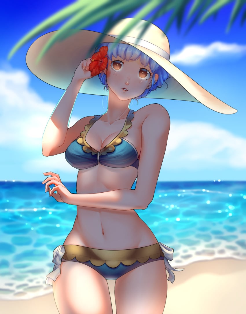 1girls barley_juice beach bikini blue_hair blue_sky breasts brown_eyes cleavage cloud day fire_emblem fire_emblem:_three_houses flower hair_flower hair_ornament hat marianne_von_edmund nintendo outdoors parted_lips sky solo sun_hat swimsuit water