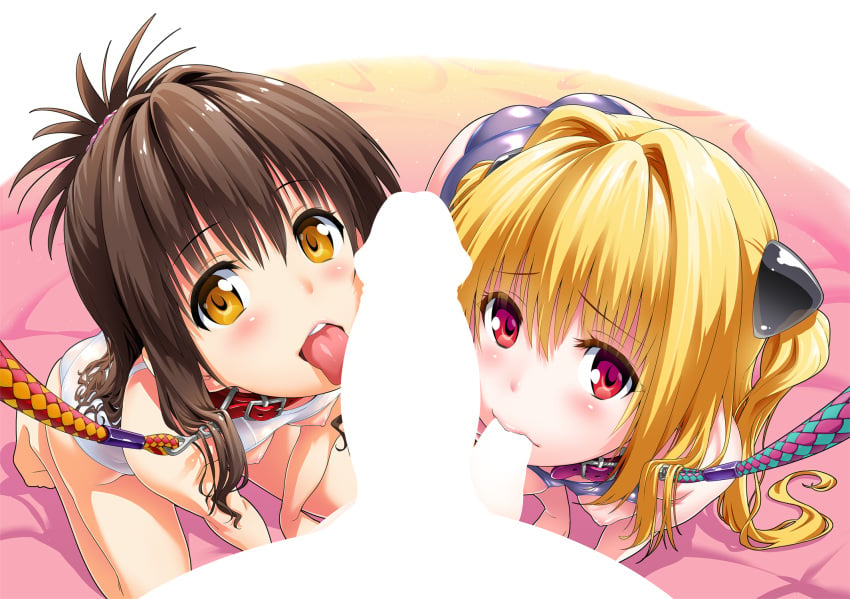 1boy 2girls all_fours arm_support ball_sucking blonde_hair blush breastless_clothes breasts brown_hair censored collaborative_fellatio collar fellatio ffm_threesome group_sex highres konjiki_no_yami leash lightsaber_dick long_hair multiple_fellatio multiple_girls nipples non-web_source one-piece_swimsuit open_mouth oral penis pov red_eyes school_swimsuit shin_(sin-maniax) small_breasts smile straight swimsuit tagme teamwork threesome to_love-ru tongue tongue_out very_long_hair yellow_eyes yuuki_mikan