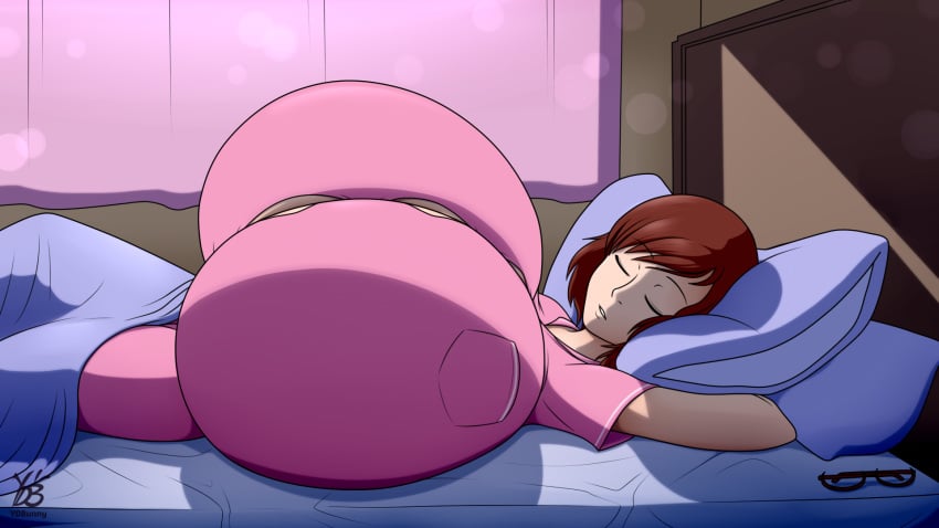 bed bedroom big_breasts brown_hair busty button_gap clothing cute eyes_closed gigantic_breasts huge_breasts pajamas short_hair sleeping ydbunny