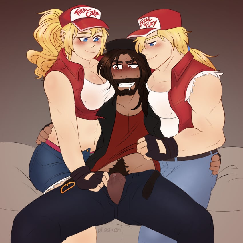 1girls 2boys absurd_res absurdres beard bed biceps bisexual bisexual_male blonde blonde_hair blue_eyes blush blushing breasts brown_eyes brown_hair bulge canon_genderswap cap cleavage clone clothed clothes clothing color curvy drool drooling dual_persona facial fatal_fury female grin hat hi_res high_resolution highres imminent_sex long_hair looking_at_breasts male mmf_threesome muscle muscles muscular muscular_male nipple_bulge nipples original_character pants pecs pilssken precum precum_through_clothing precum_through_underwear pubes pubic_hair rule_63 saliva shirt shorts smile smiling smirk terry_(snk_heroines:_tag_team_frenzy) terry_bogard threesome twins unzipped vest yaoi