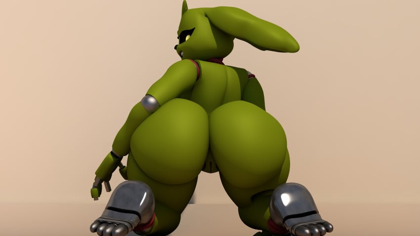 big_ass black_nose bunny ears_down female five_nights_at_freddy's five_nights_at_freddy's_3 green_body green_pussy green_skin grey_feet looking_at_viewer looking_back pussy rule_63 springtrap springtrap_(fnaf) yellow_eyes