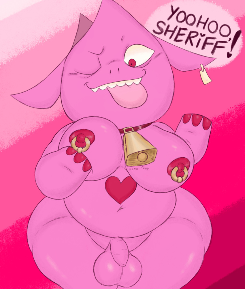 anthro balls boobs cartoon_network chibi filthyopossum flaccid foreskin futa genitals heart hi_res male male_only mao_mao:_heroes_of_pure_heart moobs nipple_piercing nipples one_eye_closed penis piercing pig pink_body pinky_(mao_mao) solo suina sus_(pig) tongue wink