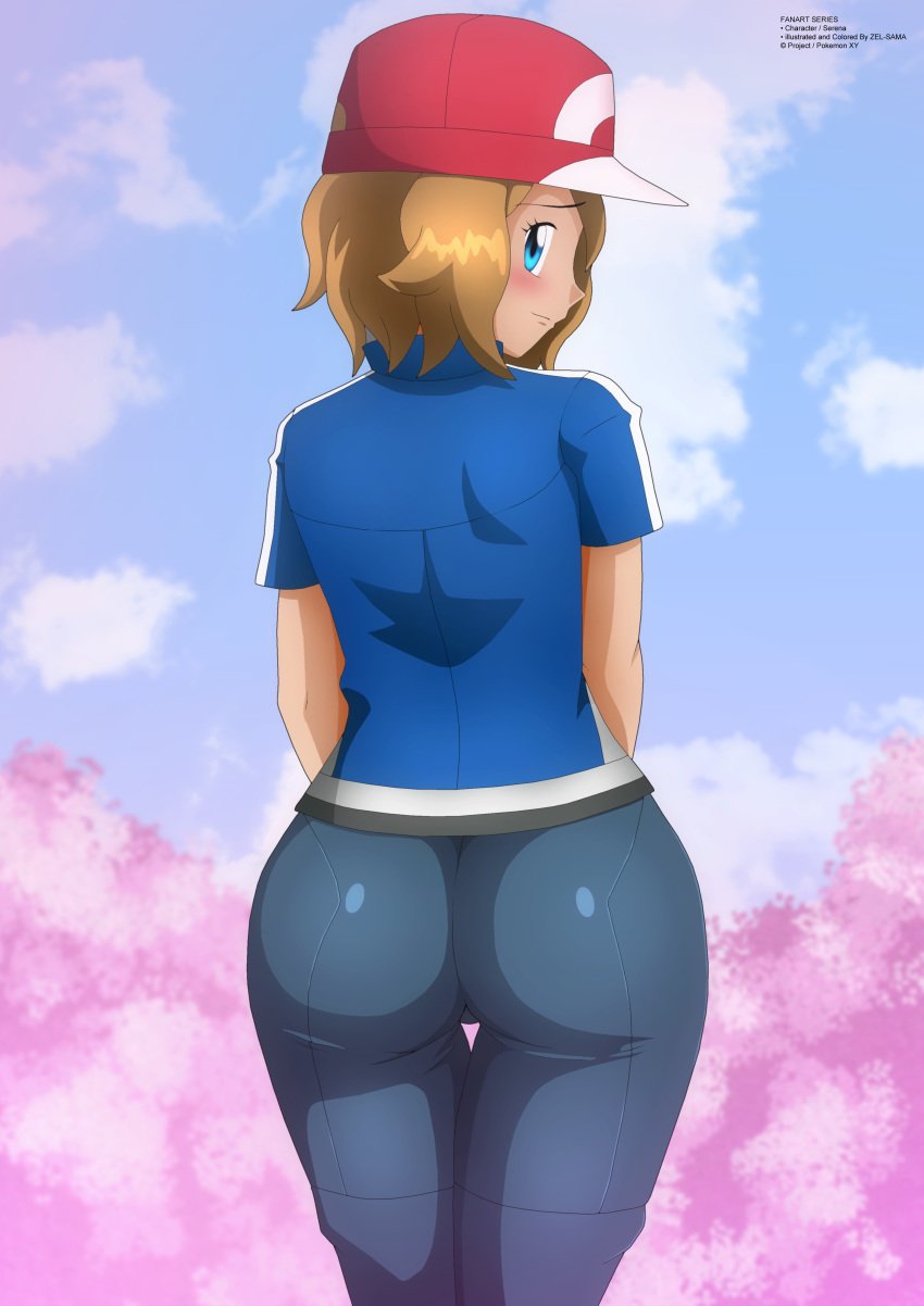 1girls amourshipping ass big_ass blue_eyes brown_hair cosplay eye_contact female fully_clothed hat human looking_at_viewer nintendo pale-skinned_female pale_skin pokemon pokemon_xy satoshi_(pokemon) satoshi_(pokemon)_(cosplay) serena_(pokemon) short_hair solo standing text thick_thighs thighs tight_pants zel-sama