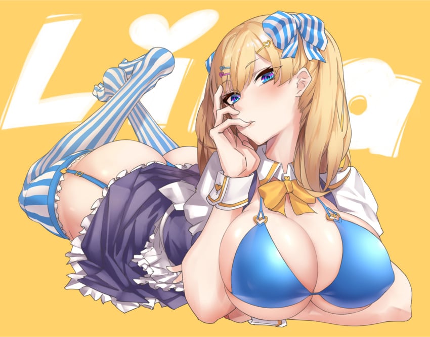 1girls apron ass background_text bangs big_breasts bikini black_skirt blonde_hair blue_bikini blue_eyes blush bow bowtie breasts character_name cleavage crossed_ankles eyebrows_visible_through_hair feet_up female_only fingering frilled_skirt frills garter_straps gingami_(giluziru) hair_ornament hairbow hairclip head_tilt heart heart_ring large_breasts light-skinned_female light_skin lina_bell_roll_(michihasu) long_hair looking_at_viewer lying on_stomach orange_background orange_bow orange_neckwear original original_character parted_lips puffy_short_sleeves puffy_sleeves short_sleeves skirt solo_female striped striped_bow striped_legwear swimsuit two-tone_background upskirt vertical-striped_legwear vertical_stripes waist_apron white_apron wrist_cuffs