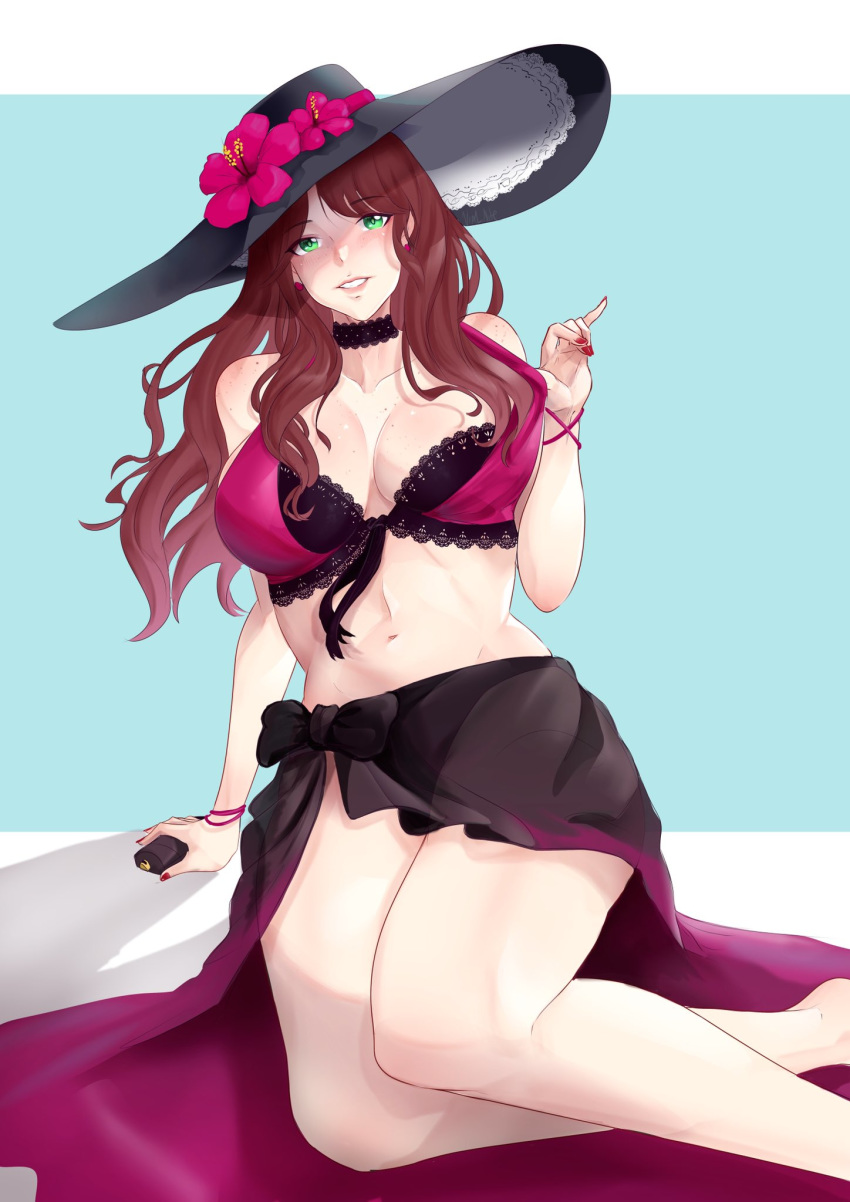 1girls bare_legs belly bikini brown_hair dorothea_arnault dorothea_arnault_(summer) female fire_emblem fire_emblem:_three_houses fire_emblem_heroes freckles green_eyes hat large_breasts midriff nintendo red_nails see-through smile solo sun_hat sunscreen swimsuit teasing thick_thighs thighs undressing vialnite