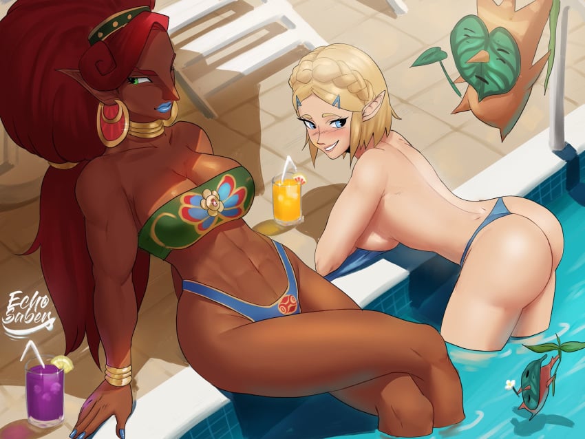 2girls abs ass big_ass bikini bikini_bottom blonde_hair blue_eyes bracelet breasts breath_of_the_wild bubble_butt chocolate_and_vanilla cleavage dark-skinned_female dark_skin duo earrings echosaber fat_breasts female female_only gerudo green_eyes hylian in_water jewelry korok large_breasts light-skinned_female light_skin long_hair muscular_female necklace nintendo pointy_ears pool princess_zelda red_hair short_hair sitting swimsuit tears_of_the_kingdom the_legend_of_zelda thighs thong topless urbosa yuri zelda_(tears_of_the_kingdom)