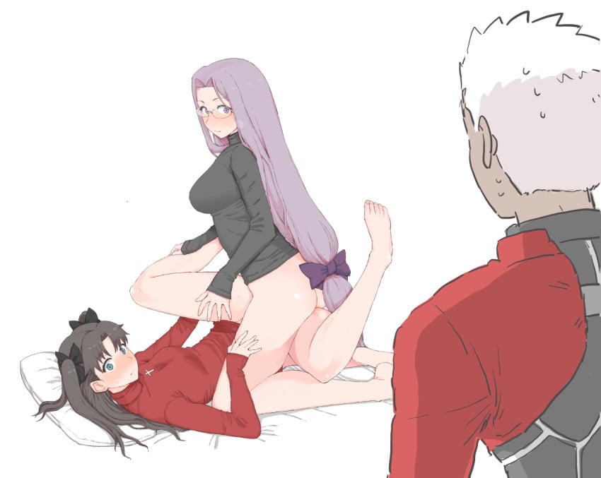 1boy 2girls archer archer_(fate) bangs banned_artist black_hair black_sweater blue_eyes blush bottomless breasts caught caught_in_the_act caught_off_guard dark_skin emiya_shirou fate/stay_night fate_(series) glasses grinding large_breasts legs long_hair looking_at_viewer medium_breasts medusa_(fate) mo_(kireinamo) multiple_girls partially_clothed pillow purple_eyes purple_hair red_sweater short_hair simple_background spread_legs sweater tohsaka_rin tribadism turtleneck turtleneck_sweater two_side_up very_long_hair walk-in white_hair yuri