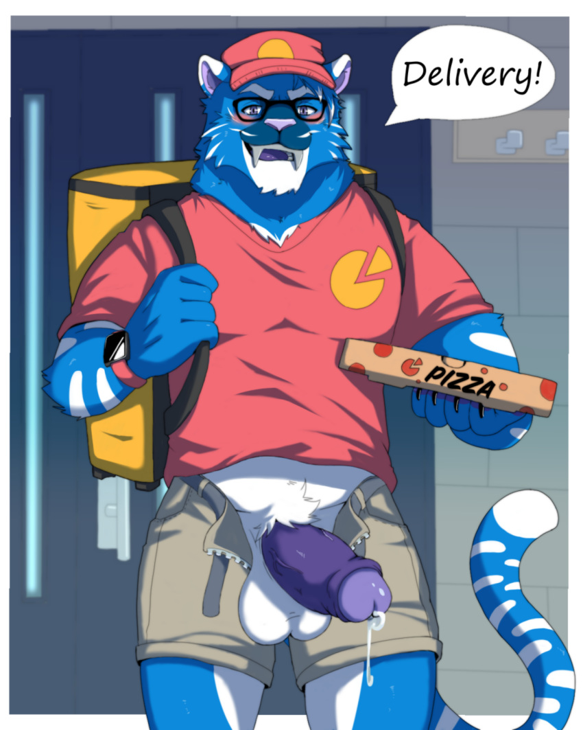 4:5 anthro balls barazoku bodily_fluids bottomwear clothed clothing coffeecat delivery_(commerce) delivery_employee father felid feline genital_fluids genitals hi_res male male_only mammal muscular pantherine parent penis penis_out pizza_box precum shorts solo tiger