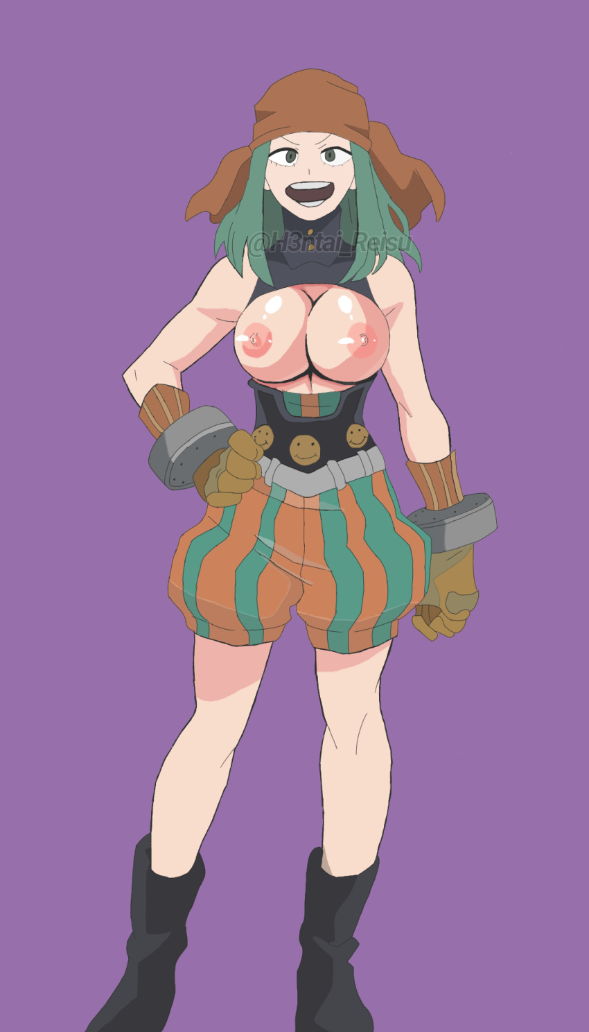 1girls bandana boots breasts emi_fukukado female female_only fukukado_emi gloves green_hair happy hero_outfit_(mha) my_hero_academia nipples open_mouth reisuhaunting smile solo solo_female teal_hair