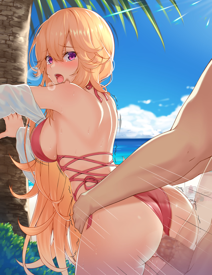 1boy 1girls :o arm_support ass azur_lane back bangs bare_back bare_shoulders beach beach_chair blonde_hair blue_sky blush breasts bush censored cloud eyebrows_visible_through_hair female hair_between_eyes hair_over_shoulder hajika halterneck hand_around_wrist highres innertube iris_libre_(azur_lane) large_breasts leaning_forward light-skinned_female light-skinned_male light_skin long_hair looking_back multiple_straps ocean open_mouth palm_tree penis public purple_eyes red_swimsuit richelieu_(azur_lane) richelieu_(fleuron_of_the_waves)_(azur_lane) sand sex shaking side-tie_swimsuit sideboob sky solo_focus standing standing_sex straight sunlight swimsuit swimsuit_aside tears transparent tree trembling umbrella upper_teeth very_long_hair water