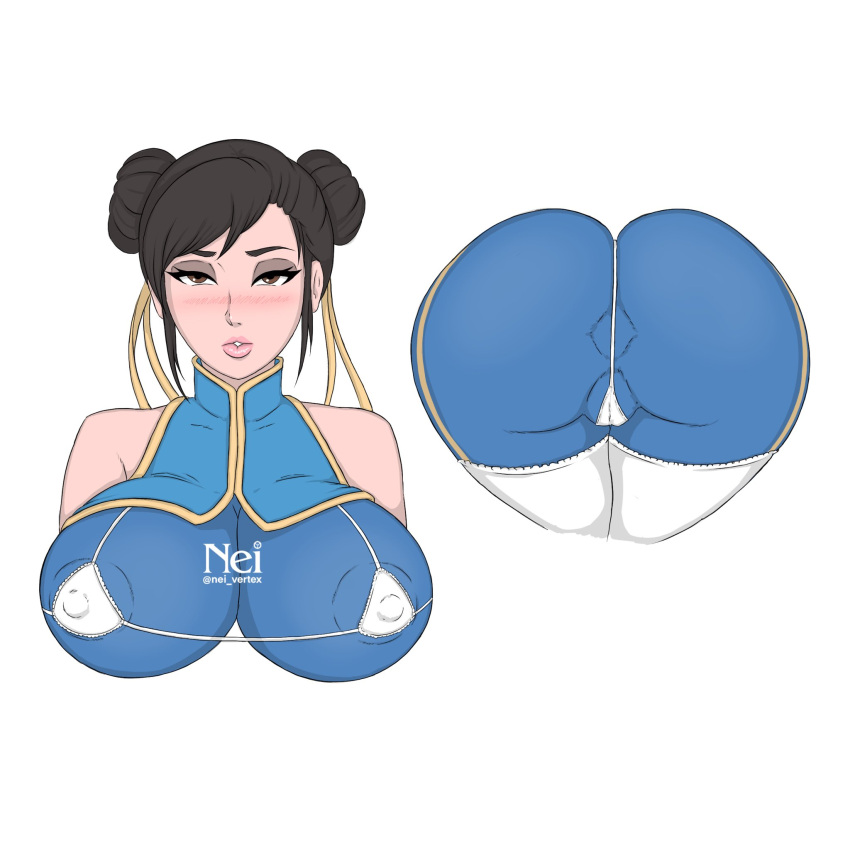 1girls anus anus_outline areola_bulge ass blush breasts brown_hair capcom chun-li large_breasts micro_bikini nei_(artist) street_fighter street_fighter_alpha tagme thong thong_over_anus