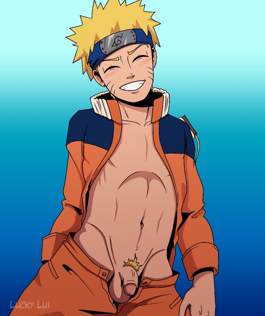 1boy abs balls blonde_hair blush closed_eyes clothing forehead_protector grin headband jacket luckylui male male_only naruto naruto_(series) naruto_shippuden open_clothes open_jacket penis pubes pubic_hair small_penis smile smiling solo solo_focus solo_male testicles twink uzumaki_naruto