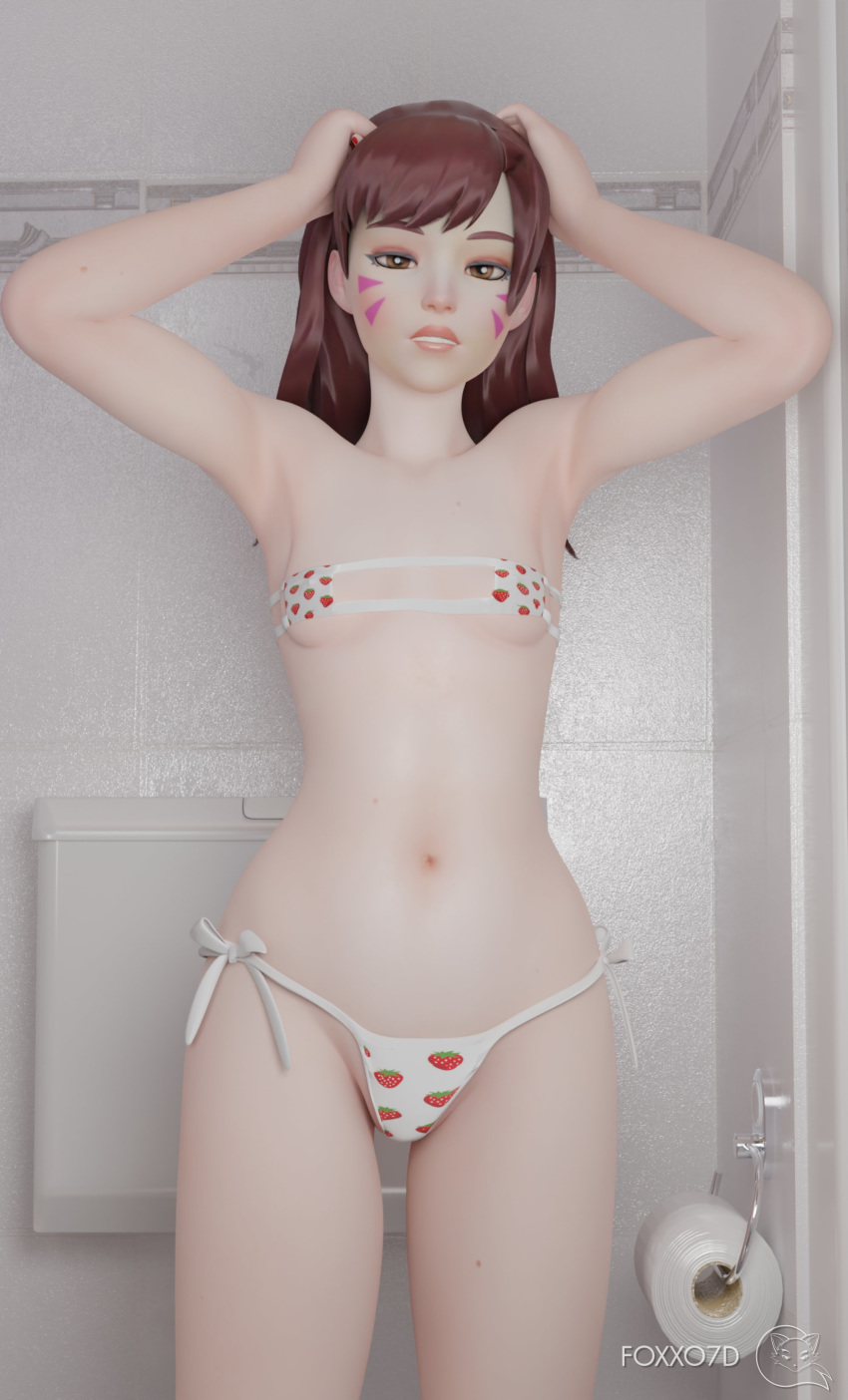 1girls 3d armpits arms_up artist_name asian asian_female bathroom bikini blender blizzard_entertainment breasts brown_eyes brown_hair burgundy_hair cleavage clothed_female clothing curvy cute d.va eyelashes eyeliner eyepatch_bikini eyeshadow face_markings facepaint facial_markings female female_only floxu7d fringe fully_clothed hana_song hands_on_head hands_on_own_head highres indoors korean lips long_hair looking_at_viewer nails navel overwatch pale-skinned_female pale_skin petite seductive_eyes seductive_look sexually_suggestive side-tie_bikini skinny slim small_breasts solo standing strawberry_panties strawberry_print swimsuit teenager teeth toilet toilet_paper whisker_markings wide_hips