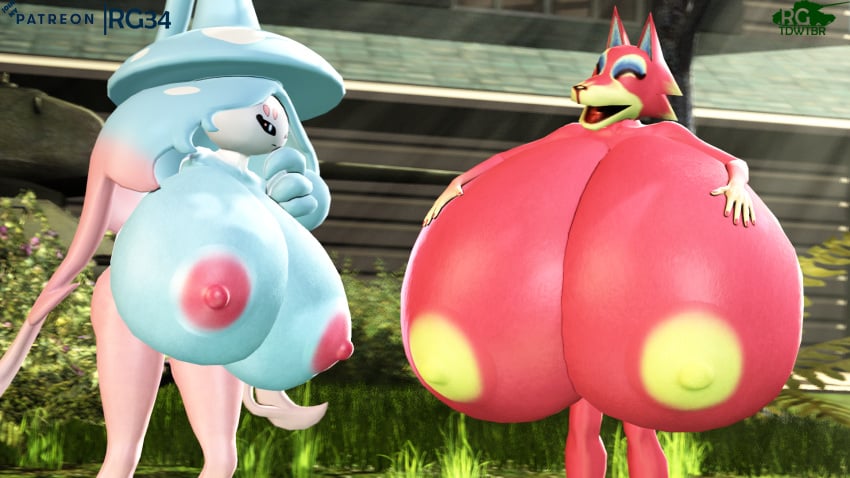 2girls 3d animal_crossing areolae big_breasts breasts freya_(animal_crossing) furry hatterene hyper hyper_breasts large_breasts nintendo nipples open_mouth pokémon_(species) pokemon pokemon_(species) rgtdwtbr source_filmmaker t-34