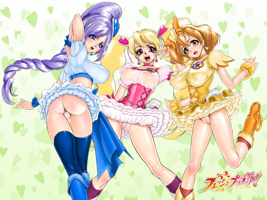 bow clothing cure_berry cure_peach cure_pine dress fresh_pretty_cure inori_yamabuki large_breasts magical_girl miki_aono momozono_love panties pretty_cure see-through see-through_clothing stockings xopc