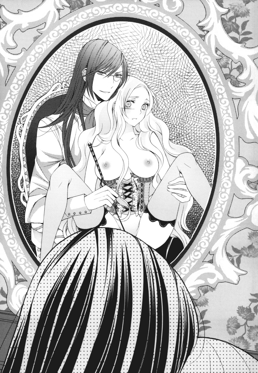 absurdres corset highres lingerie mirror monochrome shabon spread_legs suspended thighhighs underwear