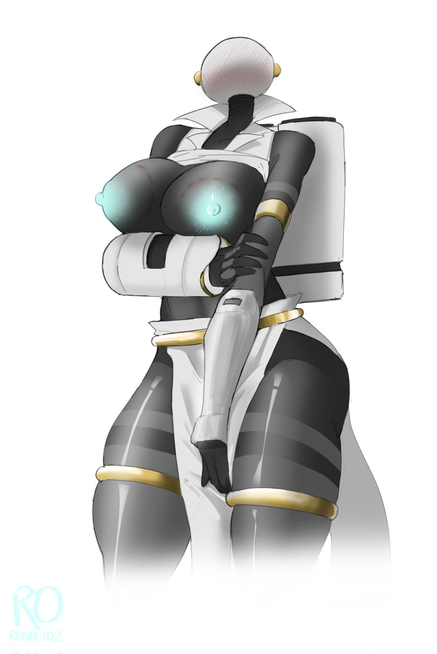 1girls artificer_(risk_of_rain) big_breasts bite_marks black_body blue_areola blue_nipples blush blush_lines breasts female front_view gold_rings helmet jetpack partially_clothed pelvic_curtain regreto2 risk_of_rain risk_of_rain_2 shirt_up solo solo_female thick_thighs white_background white_clothing wide_hips