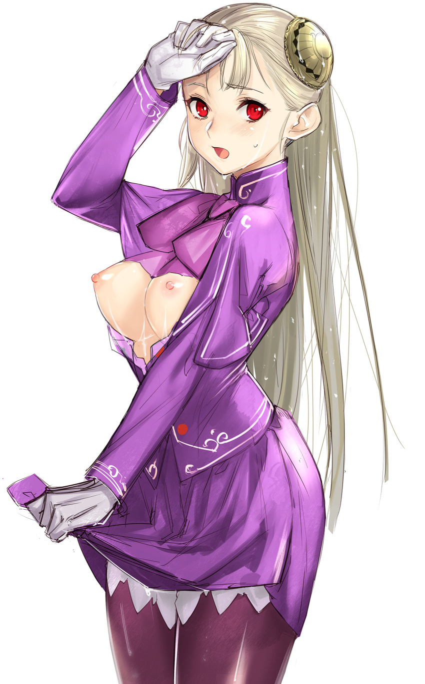 1girls absurdres breasts capcom capcom_fighting_jam capelet commentary_request cowboy_shot female gloves hairpods highres ingrid_(capcom) long_hair medium_breasts open_mouth pantyhose platinum_blonde_hair purple_legwear purple_skirt red_eyes skirt skirt_lift slender_waist solo standing straight_hair suggestive_fluid sweat tetsu_(kimuchi) wet wet_clothes white_gloves