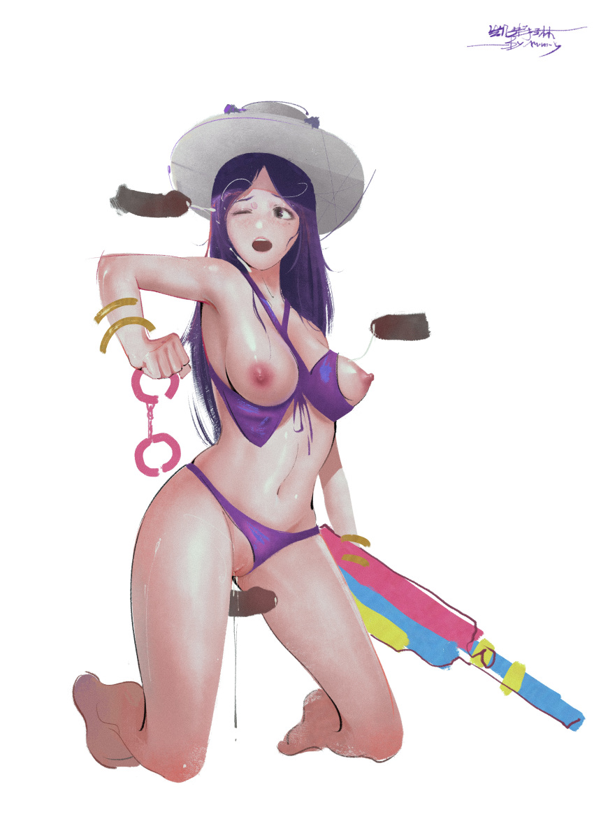 amumuuuu areolae caitlyn_kiramman cum cum_drip cum_on_breasts disembodied_penis fuzzy_handcuffs league_of_legends mole mole_under_eye nipples one_eye_closed pool_party_caitlyn pool_party_series purple_hair pussy