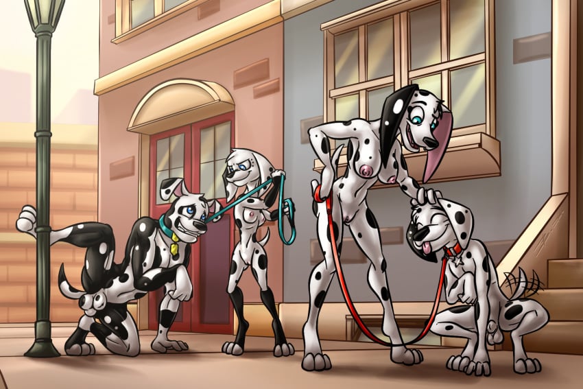 101_dalmatian_street 101_dalmatians 2020 3:2 animal_genitalia anthro anthrofied areola balls bassy_wolfeh black_body black_fur blue_eyes breasts canid canine canis closed_eyes collar dalmatian delilah_(101_dalmatians) disney dolly_(101_dalmatians) domestic_dog doug_(101_dalmatians) dylan_(101_dalmatians) fangs female fur genitals group hi_res leash male mammal multicolored_body multicolored_fur nipples nude open_mouth pussy sheath spots spotted_body spotted_fur teeth tongue tongue_out two_tone_body two_tone_fur white_body white_fur