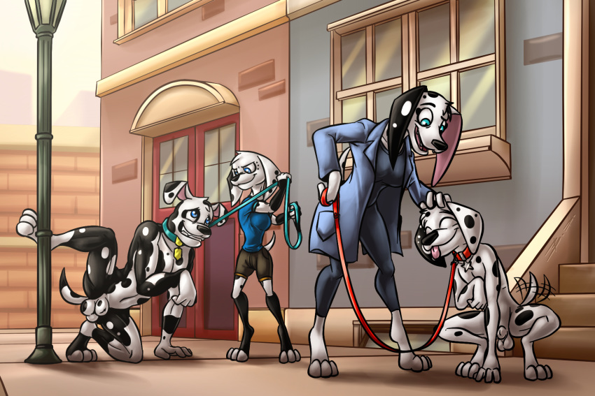 101_dalmatian_street 101_dalmatians 2020 3:2 animal_genitalia anthro anthrofied balls bassy_wolfeh black_body black_fur blue_eyes canid canine canis closed_eyes clothed clothing collar dalmatian delilah_(101_dalmatians) disney dolly_(101_dalmatians) domestic_dog doug_(101_dalmatians) dylan_(101_dalmatians) fangs female fur genitals group hi_res leash male mammal multicolored_body multicolored_fur nude open_mouth sheath spots spotted_body spotted_fur teeth tongue tongue_out two_tone_body two_tone_fur white_body white_fur