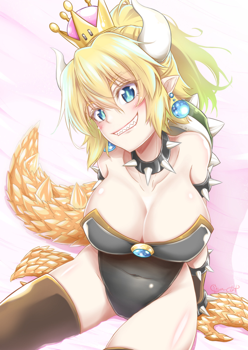 1girls 2018 armwear artist_name blonde_hair blue_eyes blush bowsette cigar_cat cleavage clothing collar covered_navel crown earrings eyebrows_visible_through_hair female female_only genderswap_(mtf) grin hair_between_eyes highres horns jewelry leotard looking_at_viewer mario_(series) new_super_mario_bros._u_deluxe nintendo pointy_ears ponytail rule_63 scales sharp_teeth sitting smile solo spiked_collar spikes super_crown tail teeth thick_thighs thighhighs thighs turtle_shell zettai_ryouiki