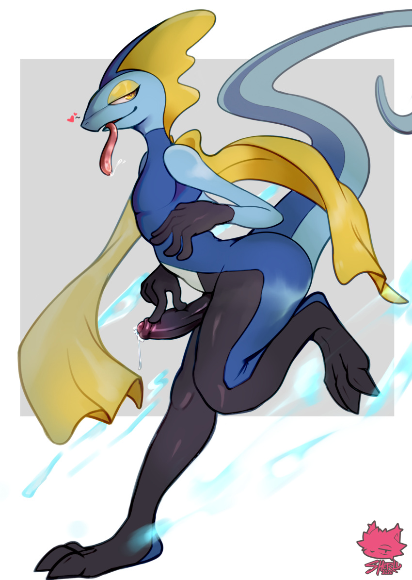 anthro balls blue_body bodily_fluids darkluxia erection genital_fluids genitals hi_res humanoid_genitalia humanoid_penis inteleon lizard male male_only nintendo penis pokémon_(species) pokemon pokemon_(species) reptile scalie simple_background solo tongue video_games