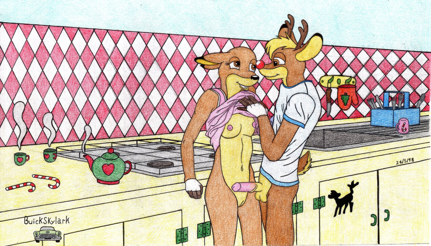 2018 anthro anthrofied balls bottomless breasts buick_skylark candy candy_cane capreoline cervid clothing colored_pencil cookers cups duo erect_penis erection female food genitals hi_res humanoid imminent_sex ink kitchen love male mammal nipples penis pussy reindeer romantic_couple rudolph_the_red-nosed_reindeer:_the_movie rudolph_the_red_nosed_reindeer shirt shirt_lift sink stove straight t-shirt teapot topwear traditional_media_(artwork) zoey_(rudolph)