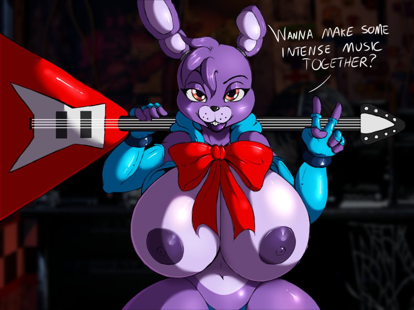 1girls 2020 2020s 4:3 animatronic anthro areola areolae big_breasts bonnie_(fnaf) bow_tie bowtie breasts buckteeth clothing crossgender dialogue english_text female female_focus female_only five_nights_at_freddy's fnaf fur furry furry_female genderswap genderswap_(mtf) guitar huge_breasts lagomorph leporid machine mammal mtf_crossgender nipple_dip nipples portrait purple_body purple_fur rabbit rabbit_ears rabbit_girl red_bow_tie red_bowtie red_eyes robot rule63 rule_63 scottgames solo suirano talking_to_viewer teeth text three-quarter_portrait underwear v_sign video_games