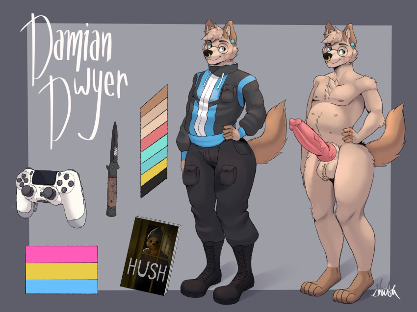 animal_genitalia animal_penis anthro balls big_balls big_penis canid canine canine_penis canis domestic_dog genitals hi_res horror_movie knife male male/male mammal model_sheet musk pansexual_pride_colors penis pride_colors ps4_controller shibi solo