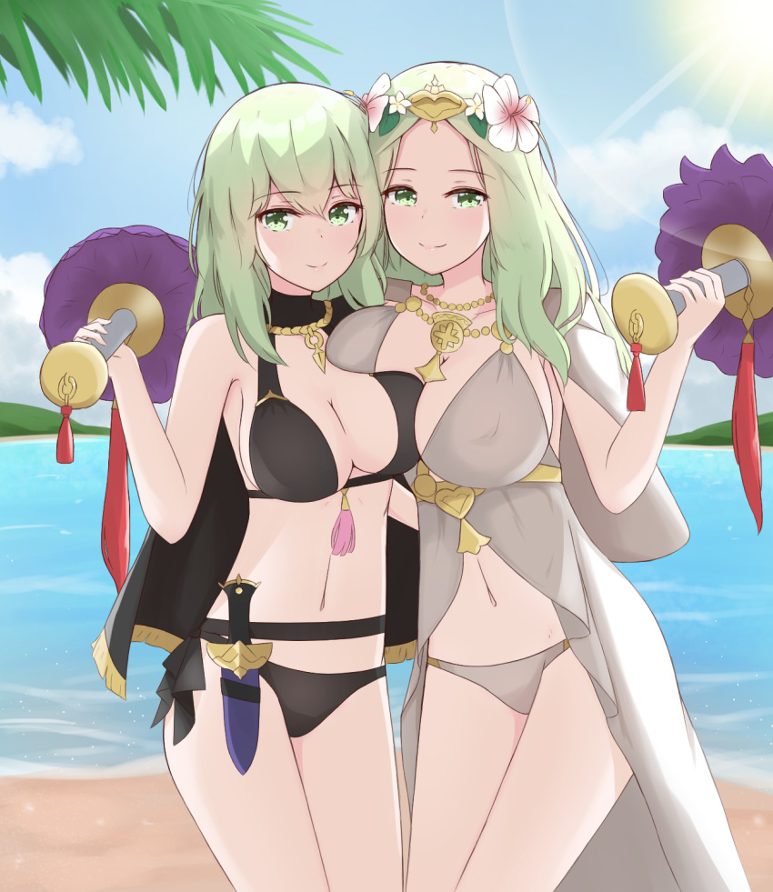 2girls alternate_costume big_breasts bikini black_bikini black_swimsuit byleth_(fire_emblem) byleth_(fire_emblem)_(female) byleth_(summer)_(fire_emblem)_(female) cape chiru enlightened_byleth_(female) female female_only fire_emblem fire_emblem:_three_houses fire_emblem_heroes green_eyes green_hair large_breasts long_hair looking_at_viewer medium_hair multiple_girls nintendo rhea_(fire_emblem) rhea_(summer)_(fire_emblem) rhealeth smile swimsuit white_bikini white_swimsuit