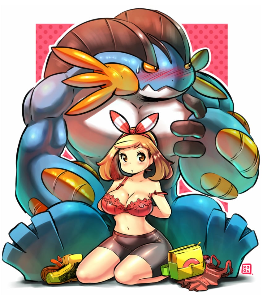 blush bra buff flustered human kenron_toqueen large_breasts larger_male may_(pokemon) may_(pokemon_oras) mega_swampert nintendo pokémon_(species) pokemon pokemon_oras shy smaller_female swampert tagme tension underwear