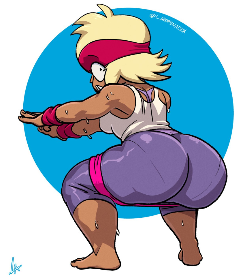 1girls ass barbell blonde_hair blue_background carol_(ok_k.o.!_let's_be_heroes) carol_kincaid cartoon_network colored dark-skinned_female dat_ass exercise exercising female female_only fully_clothed leggings liefeldianabomination looking_at_viewer milf ok_k.o.!_let's_be_heroes simple_background solo squat squatting sweat tank_top thick