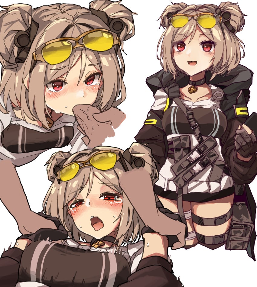 blush breasts choker collarbone dark-skinned_male double_bun eyewear_on_head fellatio girls'_frontline highres implied_sex light_brown_hair medium_breasts multiple_views oral p90_(girls_frontline) penis red_eyes smile straight sunglasses sweatdrop tearing_up yanagui