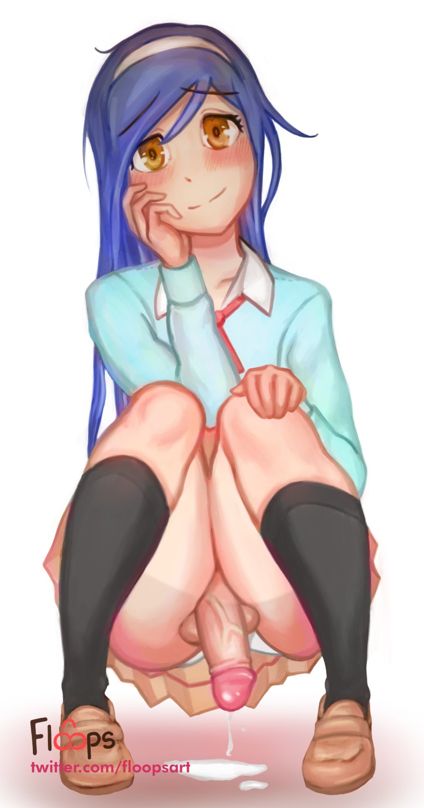 1futa balls balls_under_clothes blue_hair blush bokutachi_wa_benkyou_ga_dekinai climax clothed clothing cock_hanging cum cum_drip cumming cumshot cute dripping ejaculation erection_under_clothes erection_under_skirt floops_(artist) furuhashi_fumino_(bokuben) futa_only futa_sans_pussy futanari half-erect hands-free handsfree_ejaculation hanging_penis looking_at_viewer orange_eyes orgasm panties penis penis_between_legs penis_between_thighs penis_out penis_under_clothes penis_under_skirt schoolgirl_uniform skirt skirt_lift solo solo_futa squatting upskirt