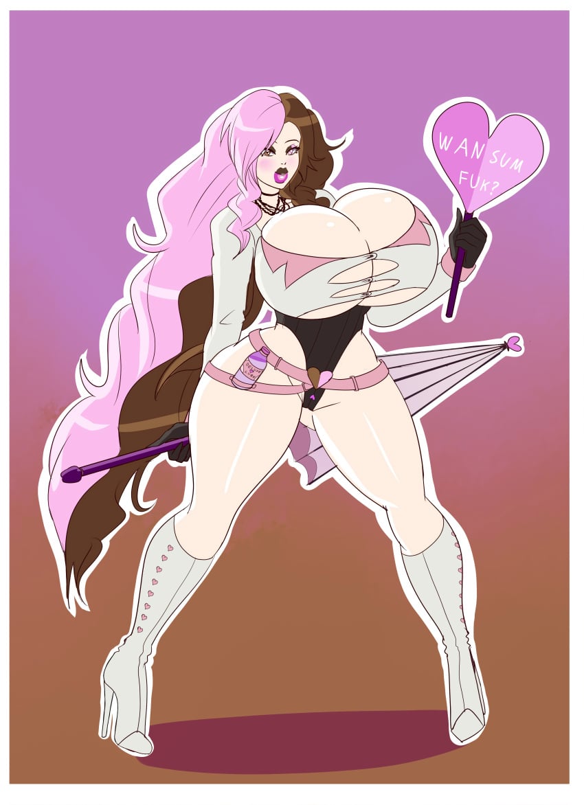 annon big_ass bimbo boots brown_hair brown_lipstick heel_boots heterochromia high_heel_boots high_heels hush_(rwby) knee_boots large_breasts neo_(rwby) parasol pink_hair pink_lipstick rwby tagme thick_lips thick_thighs weapon wide_hips