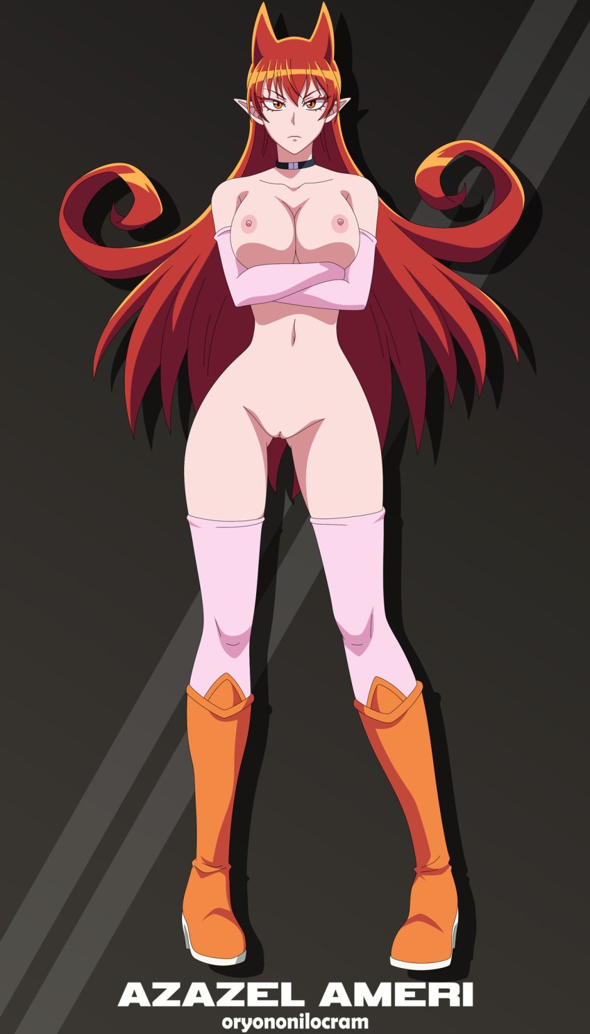 ameri_azazel boots breasts collar high_resolution long_hair looking_at_viewer mairimashita!_iruma-kun nude_filter oryononilocram pink_armwear pink_legwear pointed_ears red_boots red_eyes red_hair third-party_edit vagina welcome_to_demon_school!_iruma-kun