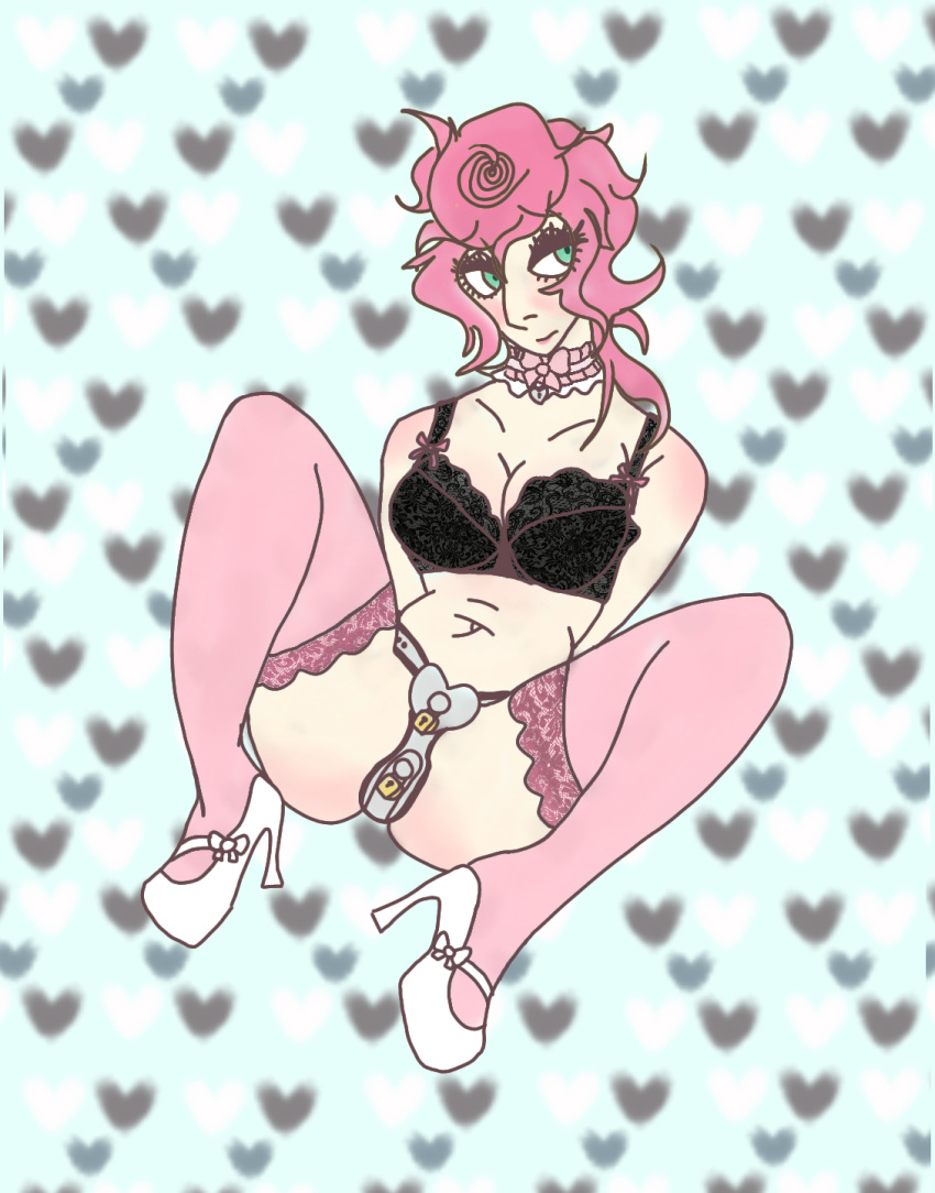 1girls blush bra chastity chastity_belt collar female female_chastity female_only femsub green_eyes high_heels jojo's_bizarre_adventure lace-trimmed_thighhighs lace_bra lipstick pink_hair queentexx simple_background solo solo_female submissive submissive_female thigh_highs trish_una vento_aureo