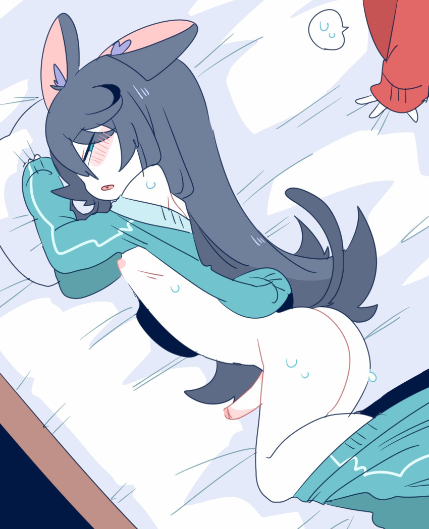 2020 2boys absurd_res ass bed black_hair blue_eyes blush femboy girly hoodie kemonomimi long_hair lying_down male male_only mouth_open nipples op_u_na pants_down penis sweat white_skin zense-kun